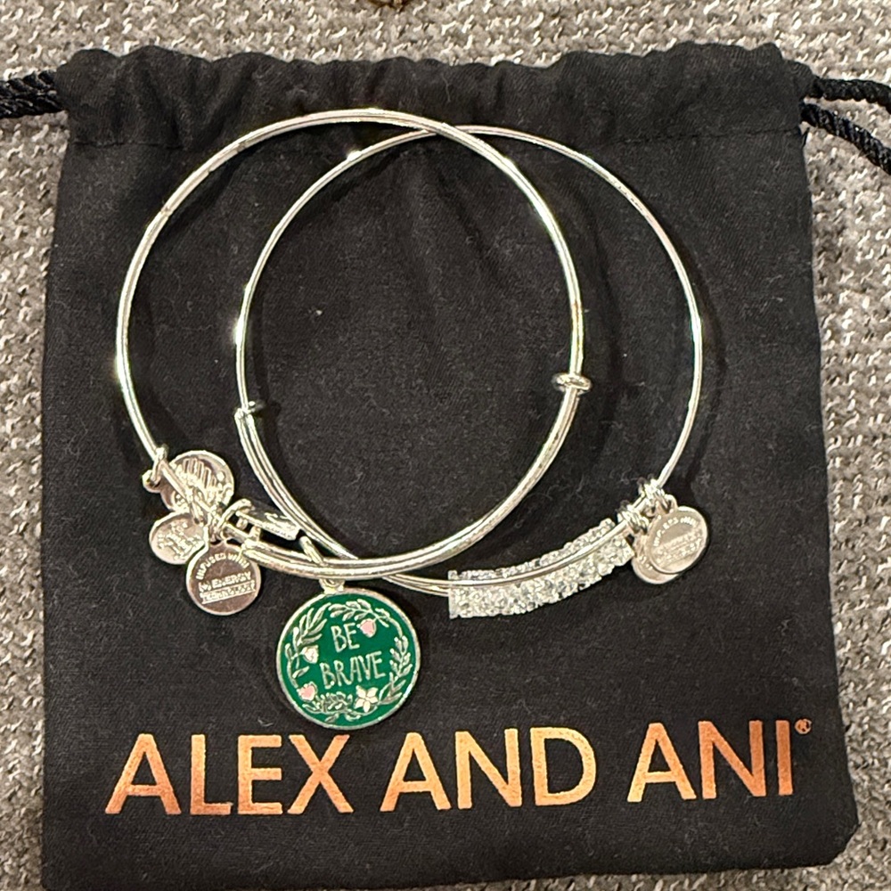 Alex and Ani Silver and Green Charm Bangles